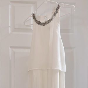 GB White Dress, pleated skirt, overlay top, pretty beading detail around neck,